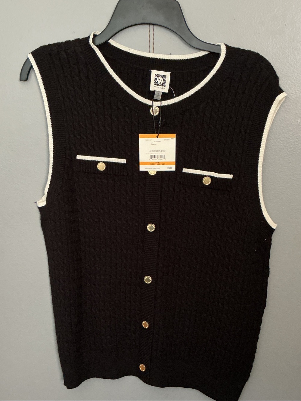 Anne Klein Black Sleeveless Cardigan with Ivory Trim